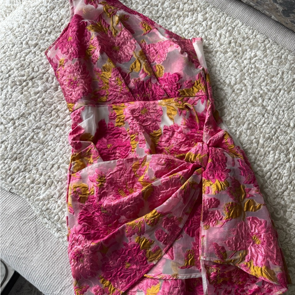 Floral Pink and Gold One-Shoulder Dress